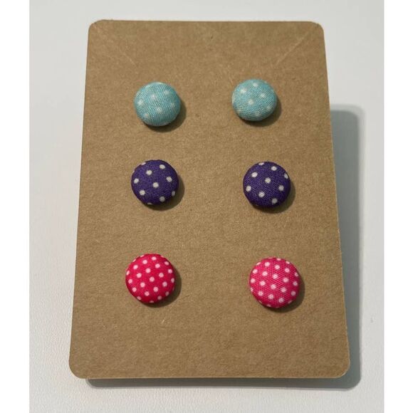 Fabric Covered Button Earrings Stud‎ Set Pink Purple Teal Blue Polka Dots Round - Picture 5 of 5